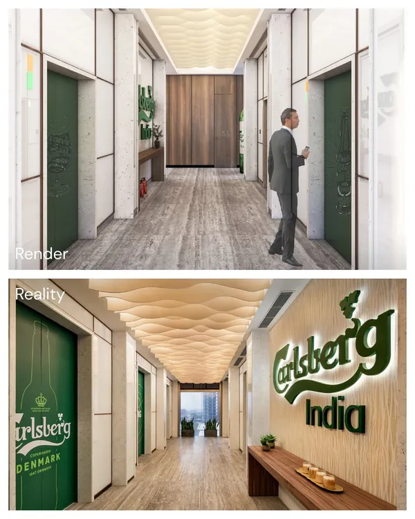 For the Carlsberg India office, the vision was to create a powerful brand statement from the moment of arrival. This render-to-reality comparison of the elevator lobby shows how we translated that vision, complete with a custom wavy ceiling and iconic green branding, into a striking physical space.