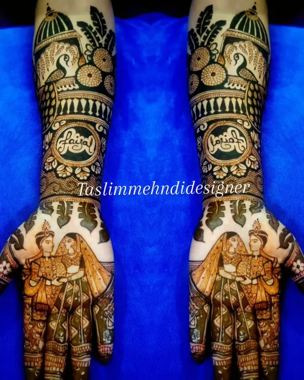 This full bridal mehndi shows how I can weave your story into the design. It features custom portraits of the couple on the palms, the groom's name 'Faijal' elegantly written on the wrist, and is framed by architectural jharokha motifs for a truly regal look.
