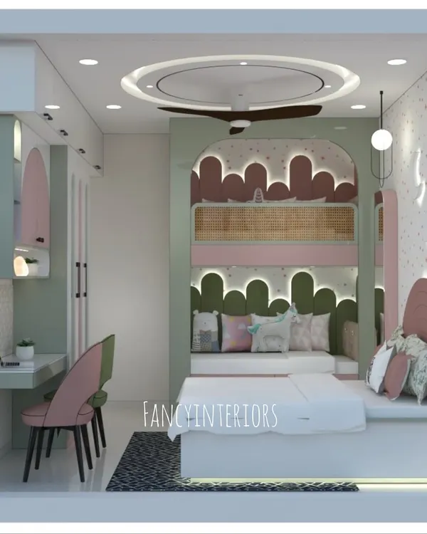 A 3D concept design for a child's bedroom, showcasing our ability to create playful yet practical spaces. This design includes a custom bed with built-in seating, a dedicated study area, and creative wall decor with unique lighting fixtures.