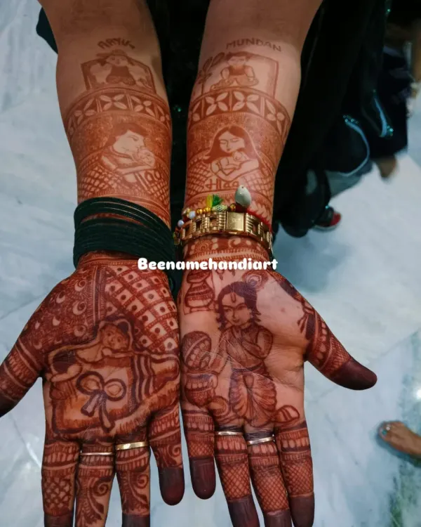 A full baby shower themed mehandi with portraits of the parents holding their baby, scenes from the mundan ceremony, and a cute little Krishna.