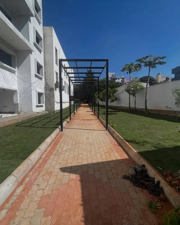 A completed landscaping project for a new apartment complex. I installed the lawn, planted young trees, and built the paved walkway with a pergola.