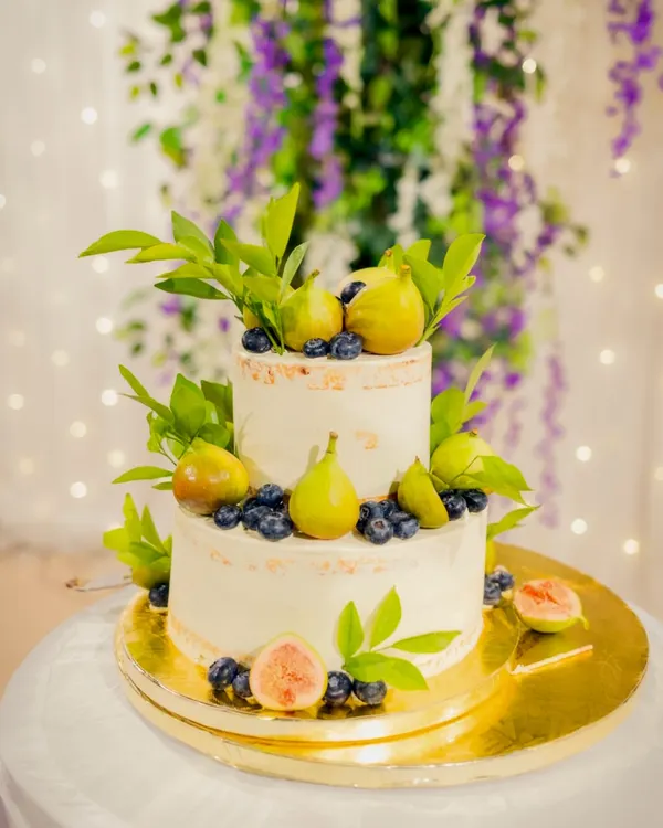 A full view of the two-tiered Tiramisu wedding cake, adorned with fresh figs and blueberries against a backdrop of hanging wisteria. This design brings a touch of rustic elegance to any celebration.