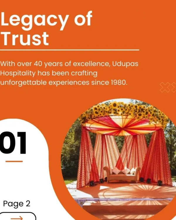 Our legacy of trust is built on over 40 years of excellence. Since 1980, we have been crafting unforgettable experiences, as represented by this image of a classic, vibrant wedding mandap.