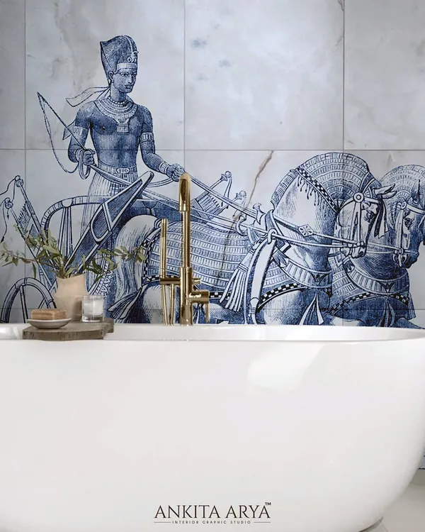 This bathroom wall is transformed into a work of art with bespoke ceramic tiles. The design, inspired by ancient Egyptian motifs, is printed in a classic blue and white palette, creating a luxurious and timeless look around the bathtub.