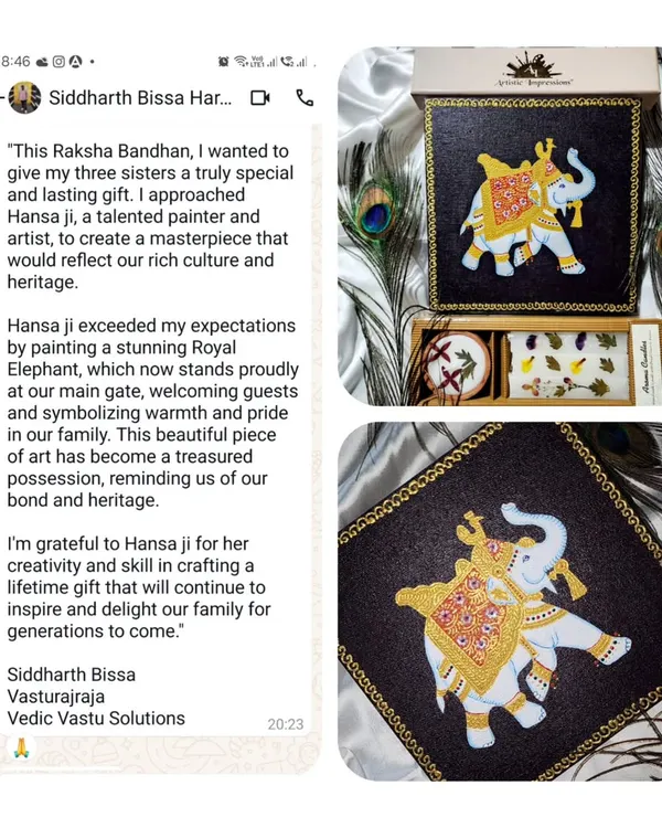 This heartfelt testimonial came from a client who commissioned a traditional Royal Elephant painting as a Raksha Bandhan gift for his three sisters. He shared that the artwork now stands proudly at their gate, a symbol of warmth, pride, and their family bond.