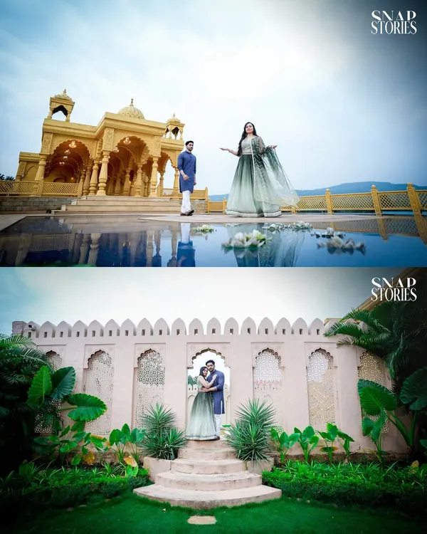 A two-panel shot showcasing the couple against grand, golden temple architecture and a serene garden wall, demonstrating the variety possible at a single heritage location.