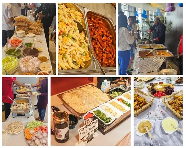A collage showcasing the variety at one of our events. You can see the live chaat station, pasta bar, and other delicious dishes that made the party special.