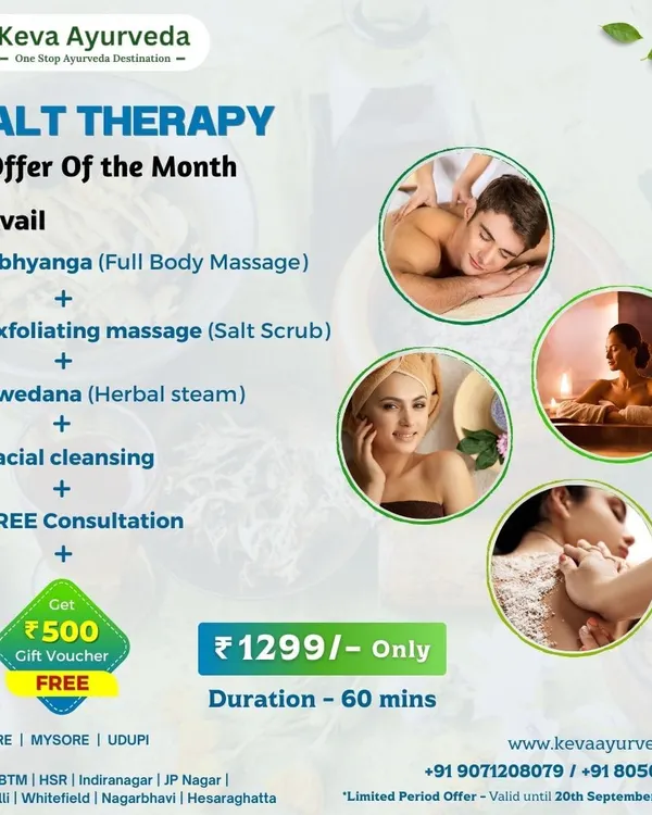 This graphic details our "Offer of the Month," a Salt Therapy package. It includes a full body massage, salt scrub, herbal steam, and facial cleansing, providing a complete detoxifying experience at a special price.