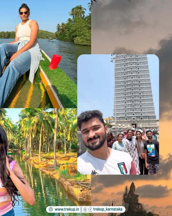 A collage of moments from our Gokarna trip, featuring backwater boating, a visit to the Murdeshwar temple, and happy group selfies.