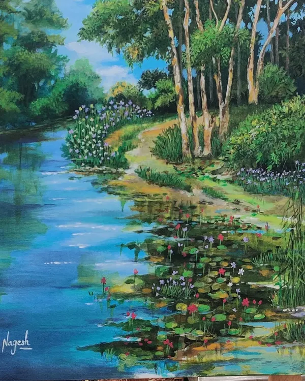 A detailed view of my acrylic painting capturing the serene beauty of the lake at Lalbagh Botanical Garden, with water lilies dotting the surface.