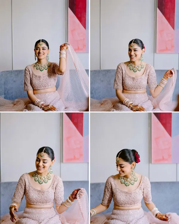 A collage of a bride's ethereal moments, showcasing her soft, dreamy look and glowing happiness in a beautiful pink lehenga.