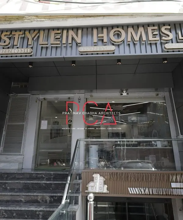 The exterior entrance of the StyleIn Homes office in Derawal Nagar, New Delhi. The facade design establishes a professional and modern brand presence right from the street, inviting clients into the thoughtfully designed interior space.