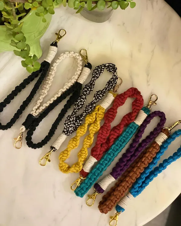 A quick look at the variety of macrame wristlets I make. They come in many colors and knot styles, perfect for keeping your keys handy or just adding a pop of color to your main bag.