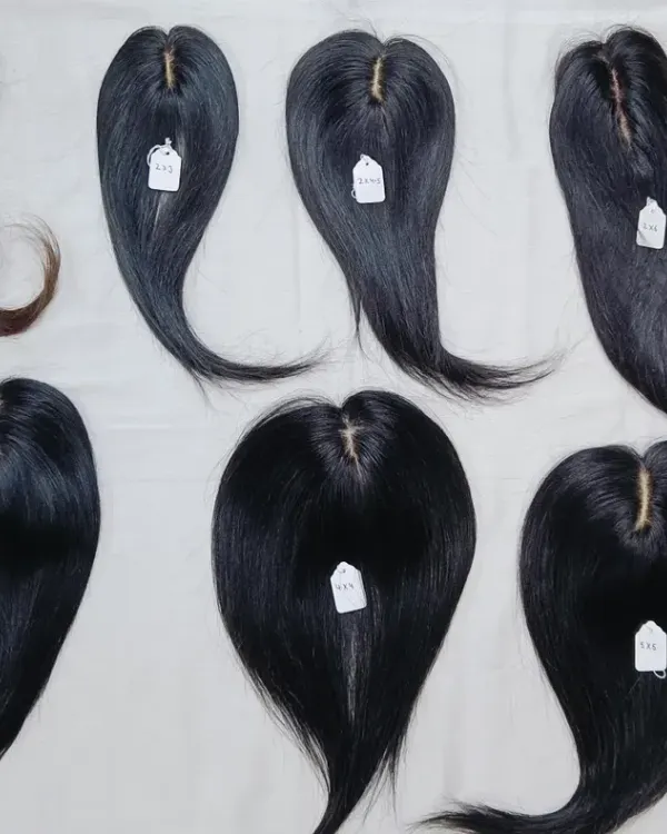 This collection shows the top view of several hair toppers, highlighting the natural-looking scalp partings. I create these in various sizes and densities to match different levels of hair loss.