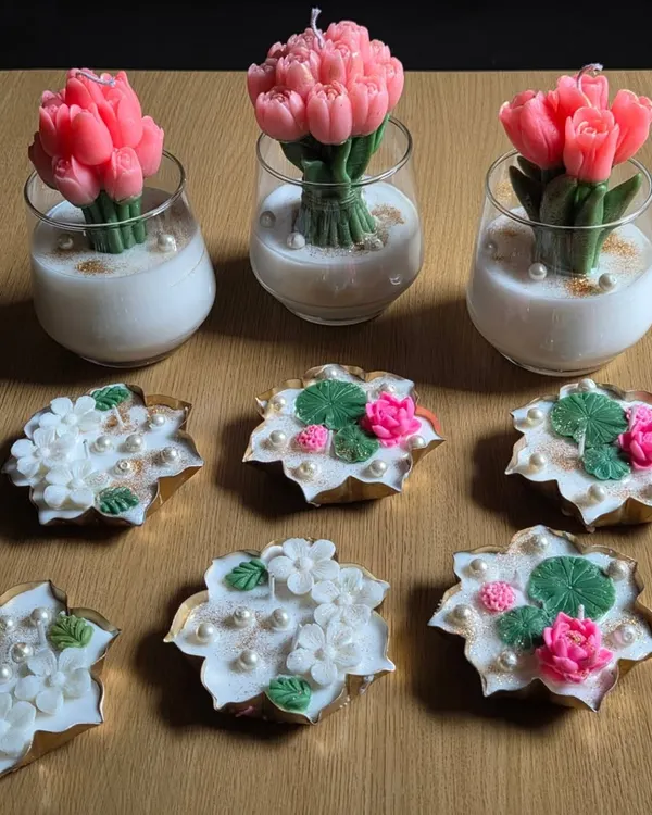 A stunning display of my sculptural candles. This image features my popular tulip bouquet candles alongside various floral-topped decorative candles.