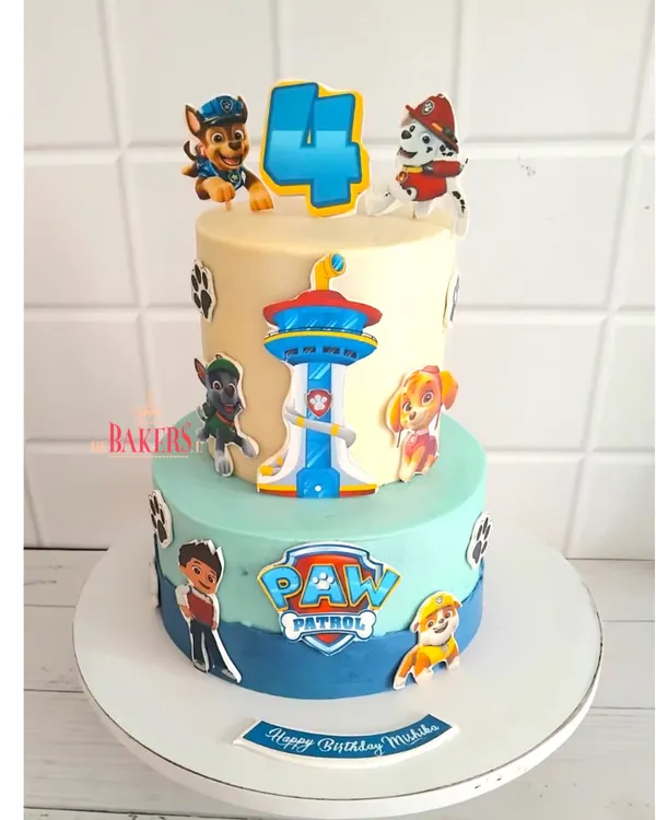 A fun, two-tier Paw Patrol cake for Mishka's 4th birthday! This no-fondant cake features all the main characters from the show. The design was suggested by the client, and I was so glad everyone at the party loved it.