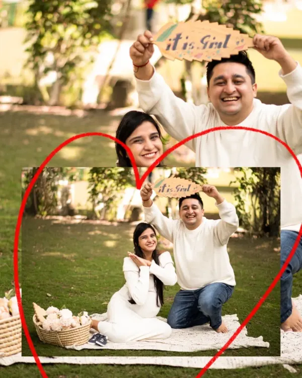 It's a girl! A joyful collage capturing the excitement of a gender reveal. The couple's happy expressions say it all in this fun outdoor photoshoot.