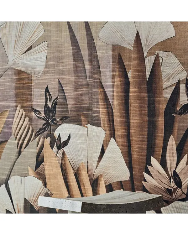 This 'ICHO' wallcovering is a botanical dream, created with digital printing on a non-woven fabric covered with metallized foil and canvas. The result is a panoramic design with incredible texture and depth.
