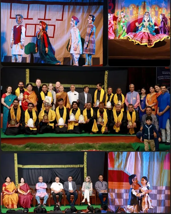 A collage capturing the spirit of the Dhaatu International Puppet Festival. You can see glimpses of diverse performances, the enthusiastic participation of international artists, and the felicitation ceremonies that honour the masters of this craft.