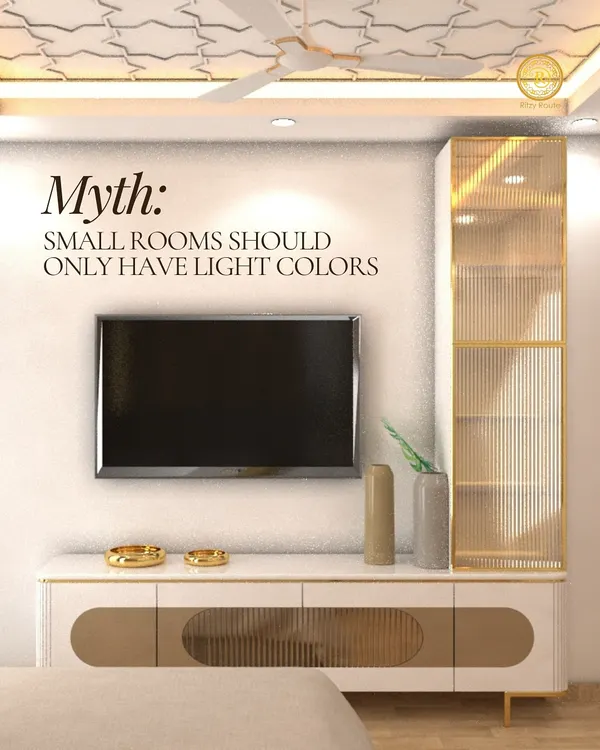 This image busts the myth that small rooms must only use light colors. This modern media unit, with its clean lines and gold accents, shows how smart design and balanced proportions can make a compact space feel luxurious and well-appointed, regardless of color.