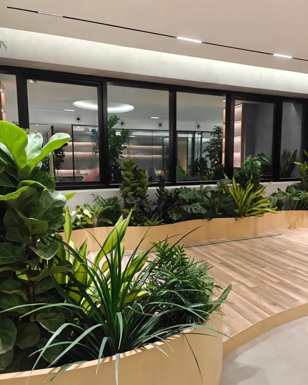 Imagine working here. This is a work-in-progress still from a biophilic office space in Hyderabad, where workstations are completely surrounded by lush, green planter beds.