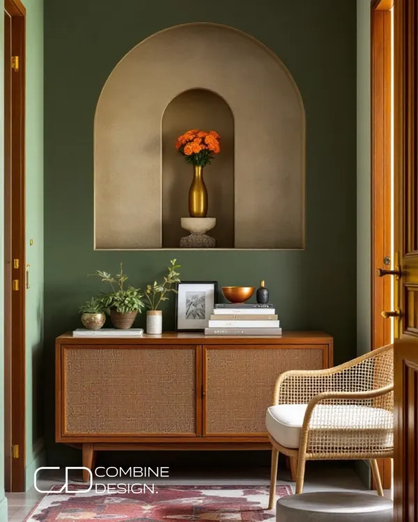The blend of natural rattan shutters and a soft, arched niche makes a beautiful statement in this entryway. The olive green wall provides a rich backdrop for the warm wood tones.