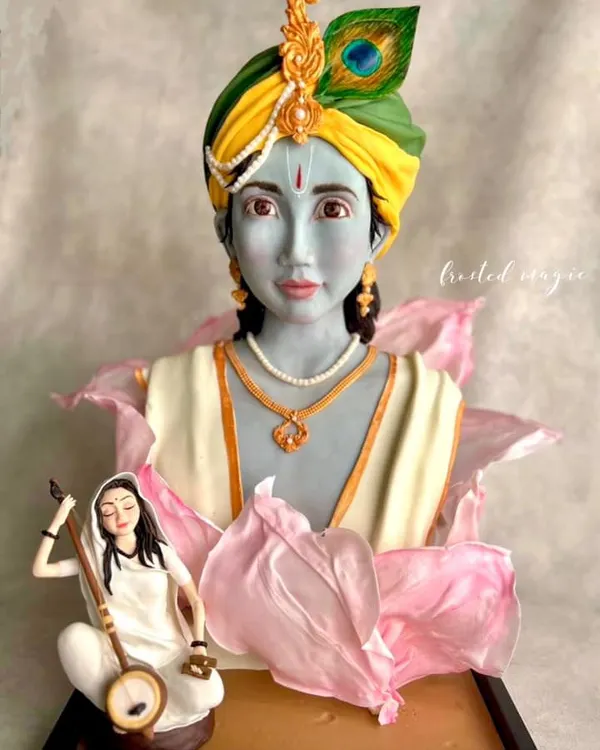 This award-winning sculpted cake of Krishna and Meera is one of my proudest creations. I poured my heart into sculpting every detail by hand, from the expression on their faces to the delicate wafer paper lotus petals. It was an absolute honour to win first place at Cakeology for this piece.