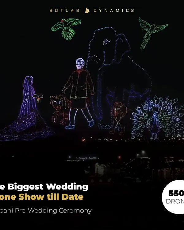 We created the biggest wedding drone show to date for the Ambani pre-wedding ceremony in Jamnagar. Using a fleet of 5,500 drones, we painted a vibrant story of the Vantara family in the night sky, a spectacle of love, nature, and celebration.