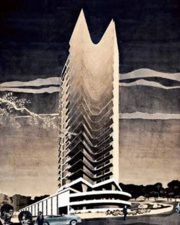 An original presentation drawing of the iconic Jivan Maneck tower, completed in 1968. This sketch captures the dramatic, sculptural ambition of the project, which was carved into the challenging terrain of Malabar Hill.