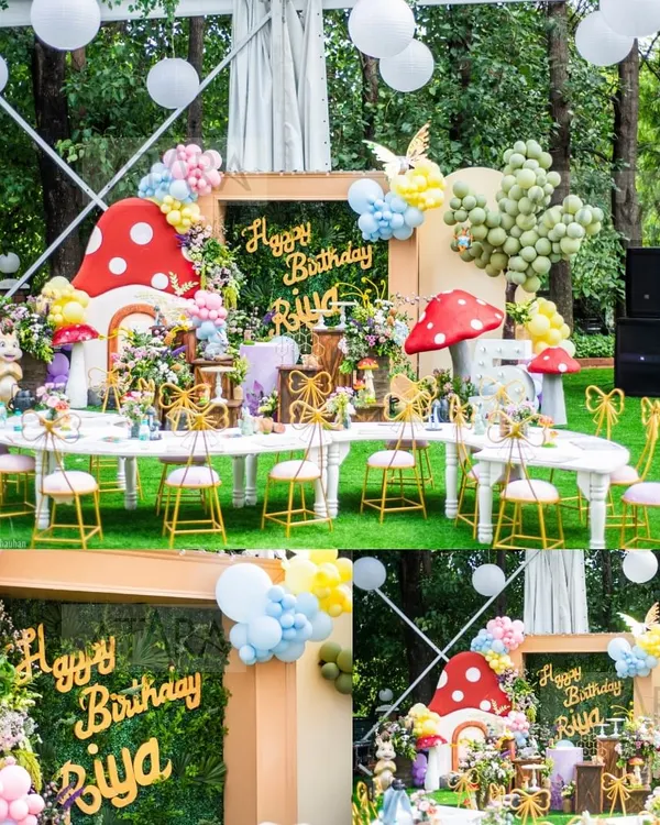 A whimsical woodland wonderland created for a special birthday. The setup features a custom 'Happy Birthday' sign, adorable mushroom props, and a beautiful table setting, all designed to make the birthday child feel like they've stepped into a storybook.