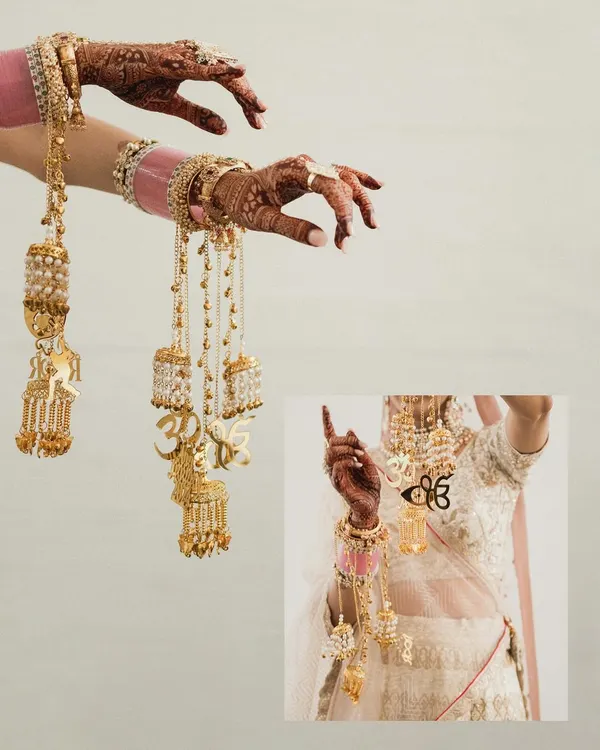 An artistic black and white collage focusing on the bride's hands and her beautiful kaleeras. The composition is modern and creative, turning a detail into a piece of art.