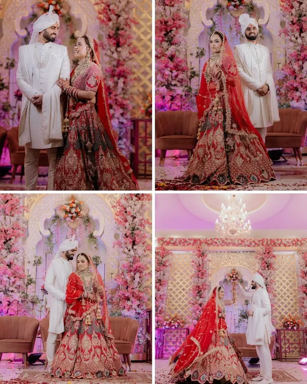 A collage showcasing key moments from the wedding ceremony, from the couple's portraits against a floral backdrop to the Varmala exchange.