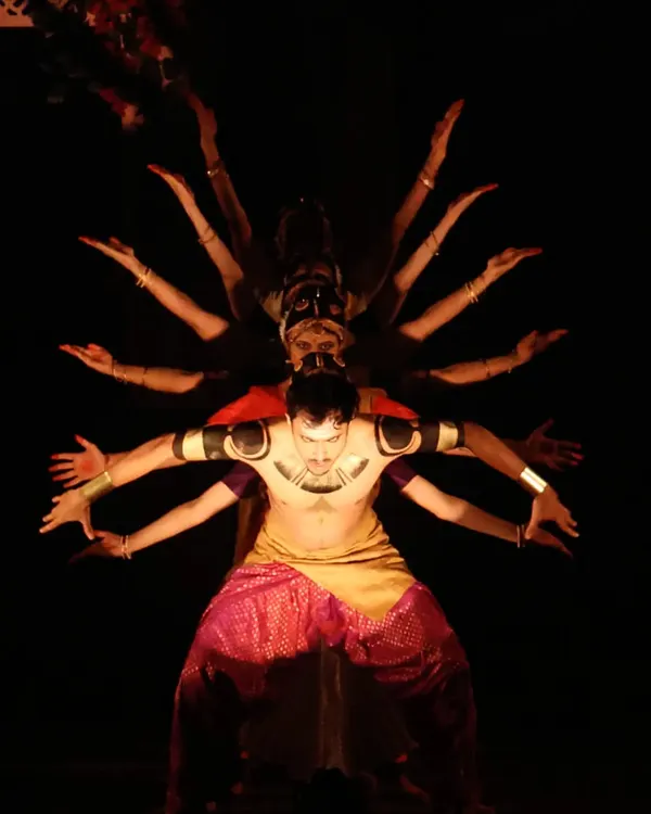 This iconic formation from "UNMASKED" represents the ten heads of Ravana. It's a powerful visual that combines the strength of multiple dancers into a single, formidable character on stage.