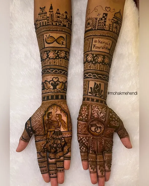 A touch of tradition for a beautiful engagement. This design tells a story, with a couple portrait, engagement rings, and even a city skyline that is special to them.