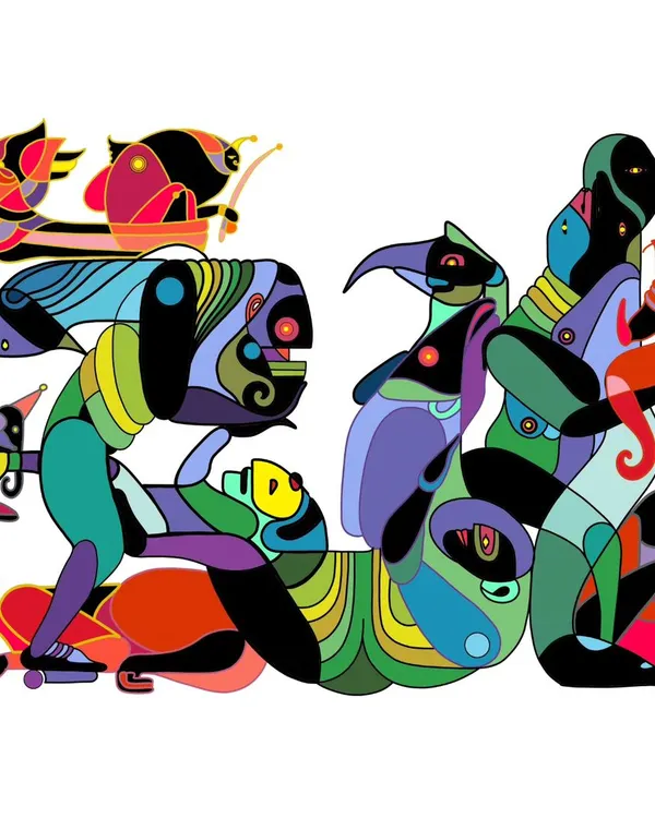 A digital illustration from our 'God Like Creatures' series. This composite image shows various mythical beings born of passion, music, and lust, representing a more primal and earthly form of divinity.
