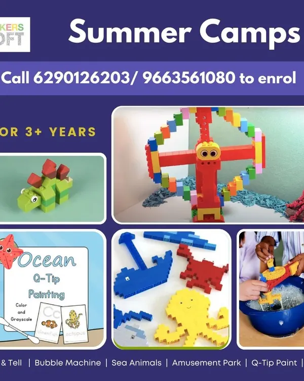 My summer camps are filled with a variety of hands on activities for kids. Here you can see some of the projects like building sea animals, creating a bubble machine, and constructing a large amusement park ferris wheel.