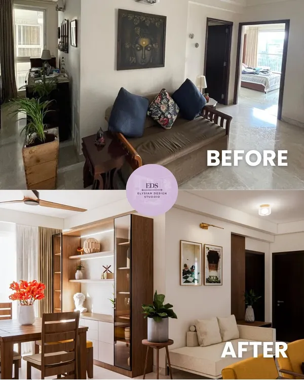 A complete overhaul of a living and dining area. We replaced the dated furniture and cluttered layout with a bright, open-concept design featuring built-in storage, modern seating, and improved lighting to create a welcoming and functional space.