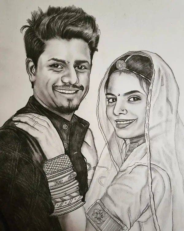 This is a custom A3 size couple portrait I did, drawn with graphite pencils. I focus on capturing the details of traditional wedding outfits and the happiness of the moment, turning a photograph into a timeless piece of art.