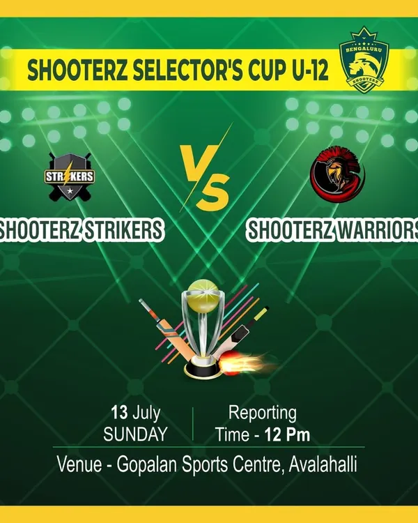A professionally designed fixture announcement for a U-12 match in our Shooterz Selector's Cup, detailing the teams, date, and venue.