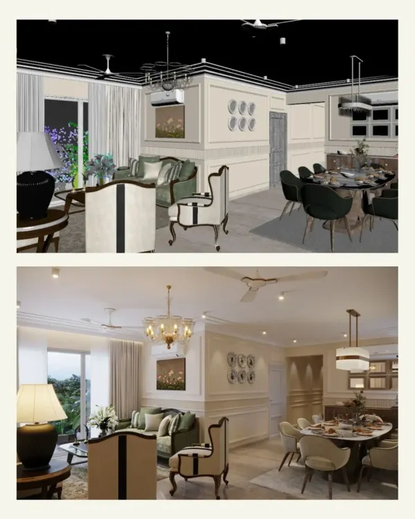 A powerful side-by-side comparison showing how our initial 3D render translates into a stunning, real-life living and dining space. What you see is what you get.