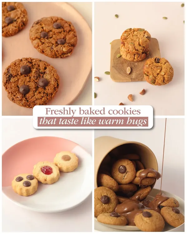A collage of our freshly baked cookies that taste like warm hugs. From classic chocolate chip to jam-filled delights, we have a cookie for every mood.