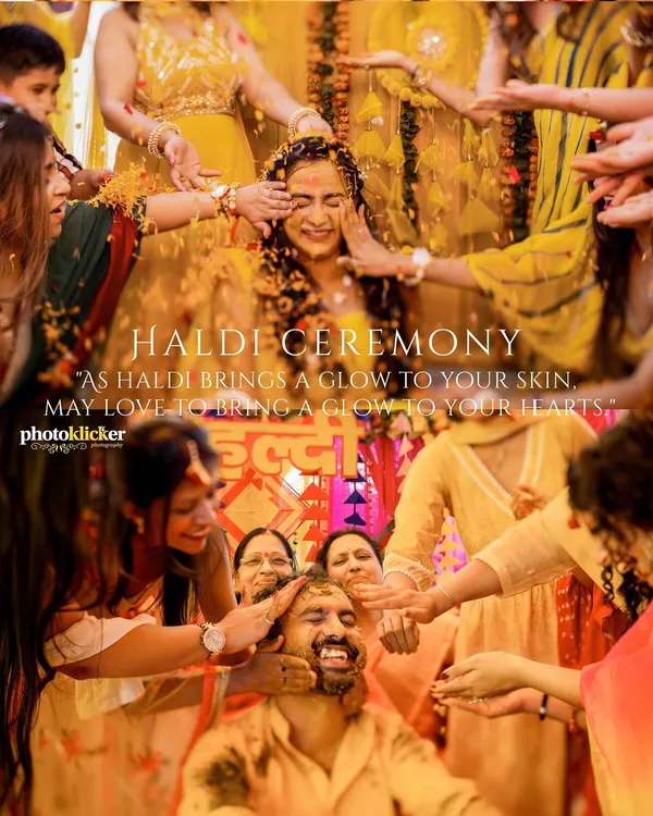 A collage capturing the essence of a Haldi ceremony, with friends and family showering the couple with turmeric and love. These are the joyful, candid moments we live to capture.