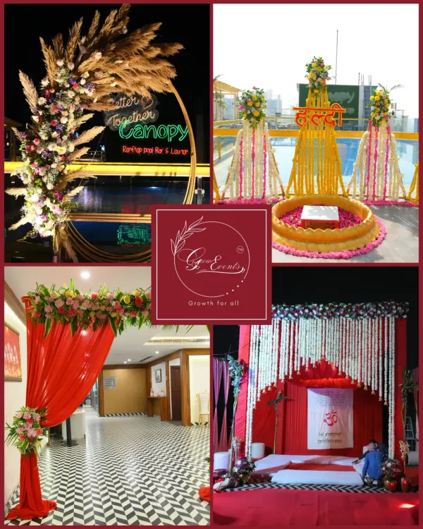 A collage showcasing the different ceremonies we planned for a beautiful Bengali wedding. It includes the vibrant Haldi, the elegant engagement, the traditional wedding mandap, and the welcoming entrance decor.