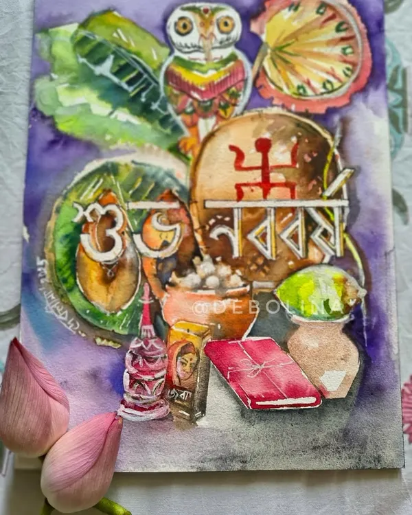 'Shubho Noboborsho'. A watercolor collage of quintessential Bengali things for the Bengali New Year. It's my way of connecting with my homeland, no matter how far I am.