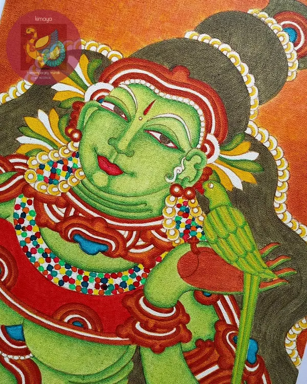 The finished painting of Goddess Meenakshi, radiant in her green form, holding her symbolic parrot. This 12x14 inch Kerala mural is a classic representation, perfect for bringing auspicious energy into your home, especially on a Friday (*Vellikayamai*).