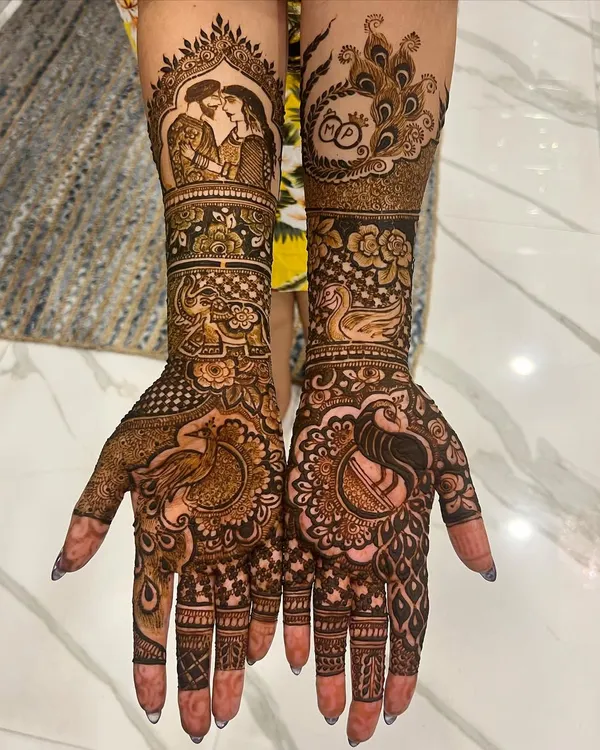 I love bringing a couple's story to life with my mehendi. This detailed engagement design features a custom portrait, graceful peacocks, and the couple's initials hidden within the artwork.