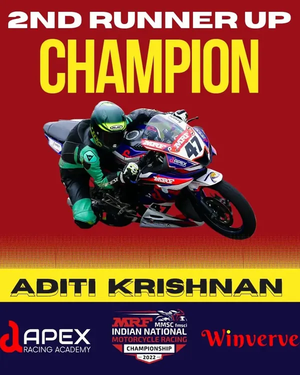 We celebrate our winners. This graphic honors Aditi Krishnan as the 2nd Runner Up Champion in the MRF MMSC FMSCI Indian National Motorcycle Racing Championship, a testament to her skill and our team's support.