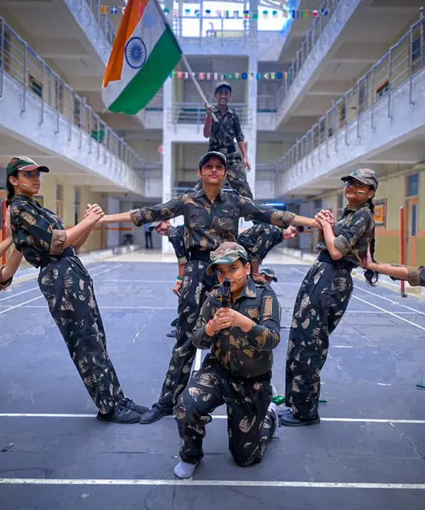 A powerful image from a large-scale Independence Day performance I choreographed. This shows the kind of elaborate, themed group formations my students learn for special events.
