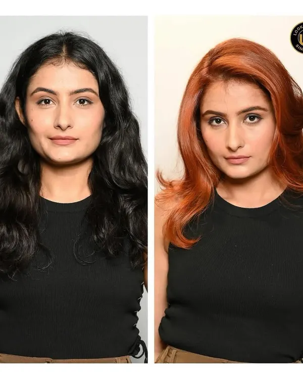 A striking before-and-after of a hair colour transformation. We took natural black hair to a vibrant, fiery copper red, complete with a stylish blowout.