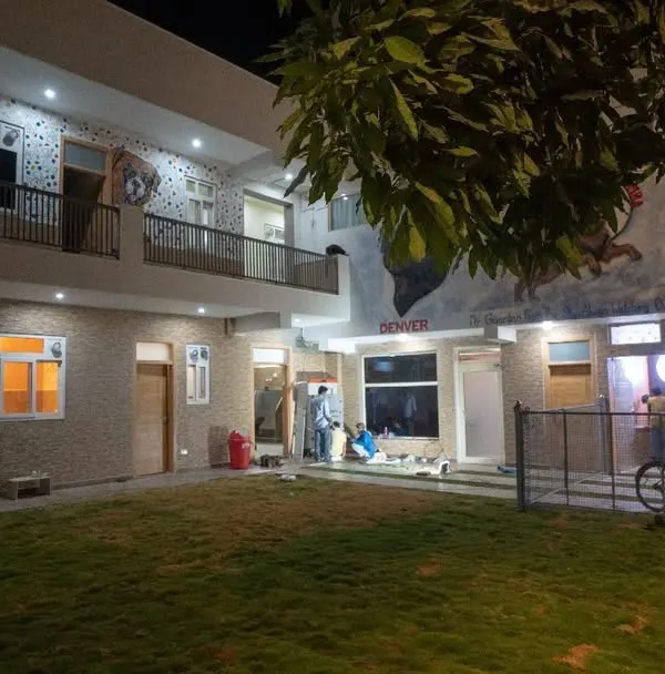 A wide view of our pet resort at night. You can see the spacious park, the boarding facility, and the indoor cafe area, all designed for comfort and fun.